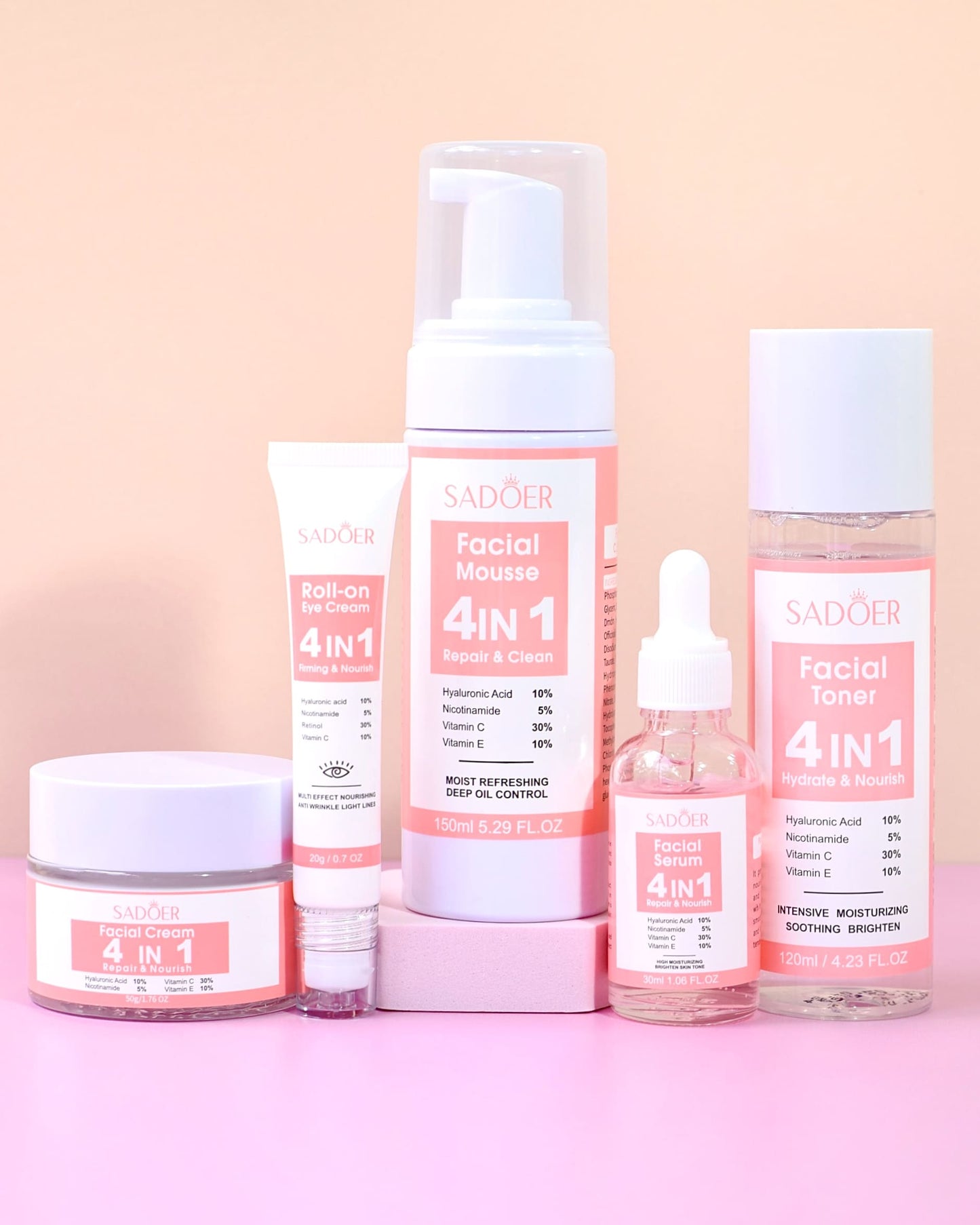 kit de skincare hidratación con espuma, tónico, sérum, crema y contorno de ojos