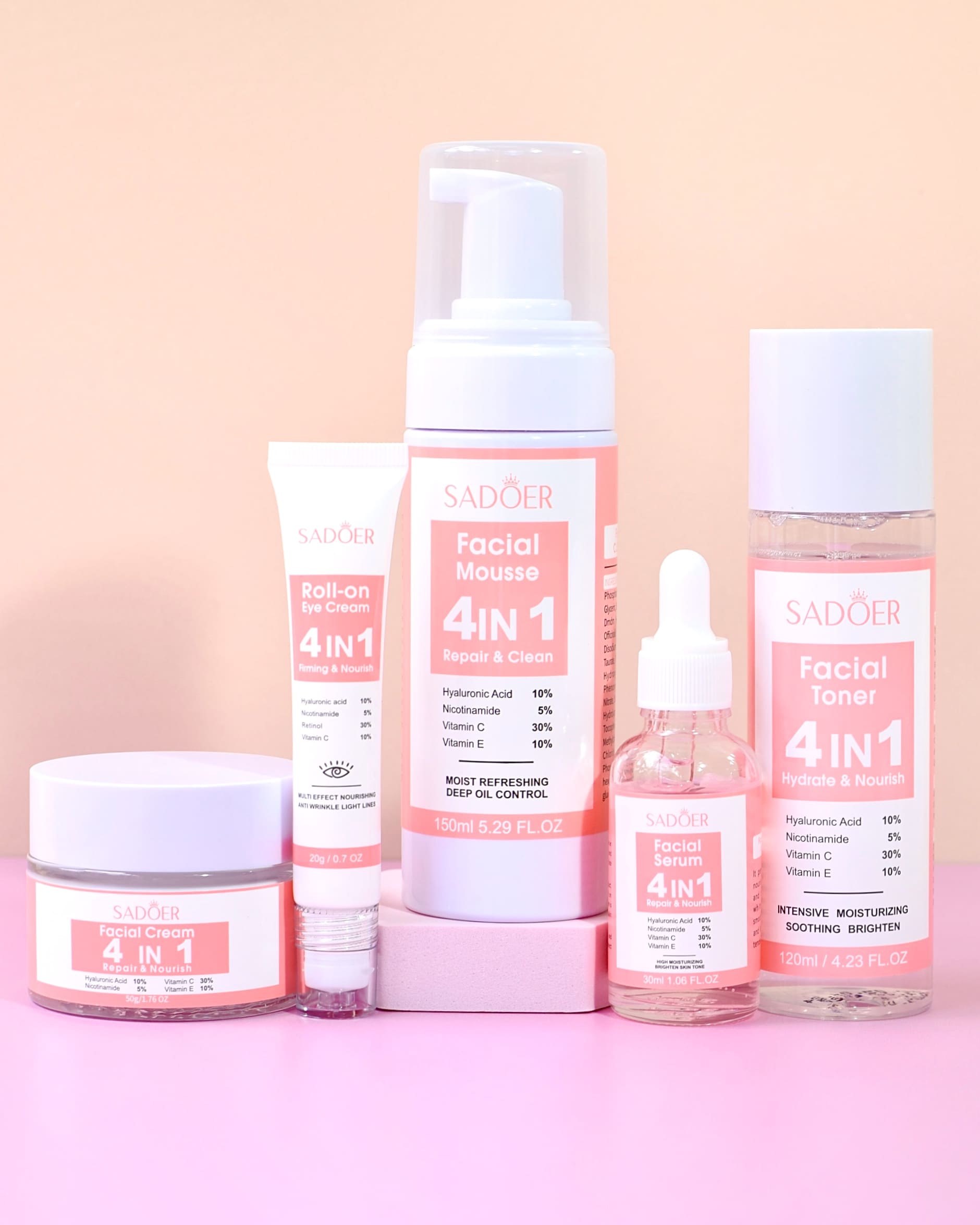 kit de skincare hidratación con espuma, tónico, sérum, crema y contorno de ojos