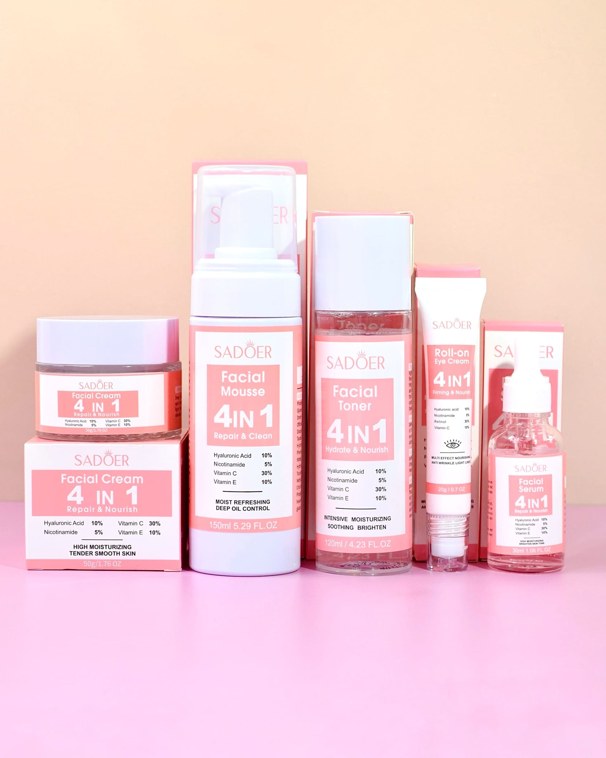 kit de skincare hidratación con espuma, tónico, sérum, crema y contorno de ojos